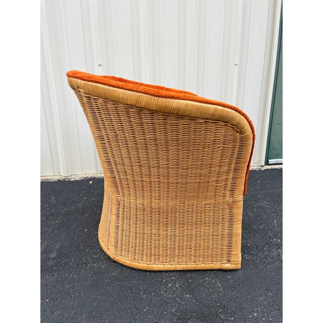1960's Sculptural Rattan Barrel Chairs in Original Orange Chenille- A Pair For Sale - Image 4 of 12