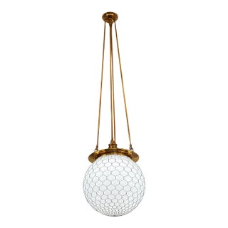 Late 20th Century Unlacquered Brass Hood Classic Pendant With 12-Inch Opal Globe With Wire Mesh For Sale