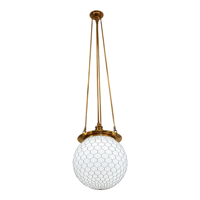 Late 20th Century Unlacquered Brass Hood Classic Pendant With 12-Inch Opal Globe With Wire Mesh For Sale