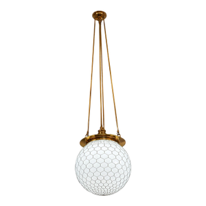Late 20th Century Unlacquered Brass Hood Classic Pendant With 12-Inch Opal Globe With Wire Mesh