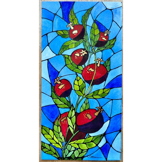 Art Deco Original Watercolor Painting “Stained Glass Pomegranates” For Sale - Image 3 of 11