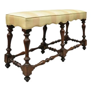 Early 20th Century Antique Italian Renaissance Jacobean 6 Turn Carved Walnut Legs Upholstered Bench For Sale