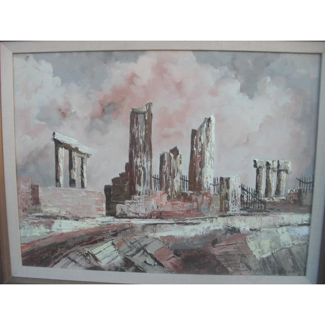 The subdued color palette and impressionistic brush strokes of this mid century architectural landscape is the epitome of...