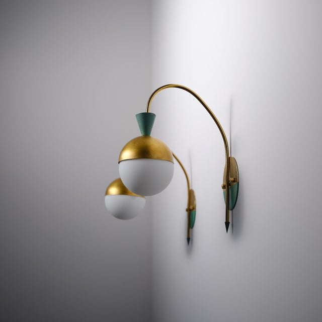 Italian Brass Sconces with Opaline Globes attributed to Stilnovo, 1950s, Set of 2 For Sale - Image 4 of 12