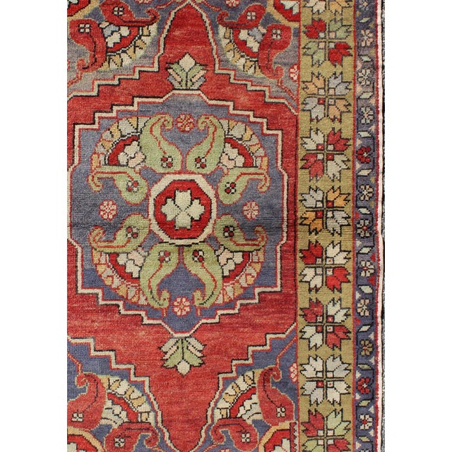 1940s Vintage Turkish Oushak Rug in Red, Blue, and Green With Decorative Medallion For Sale - Image 5 of 7