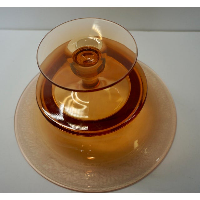 Depression Era Pink Elegant Glass Set: Etched Footed Console Bowl & Candlesticks For Sale - Image 4 of 4