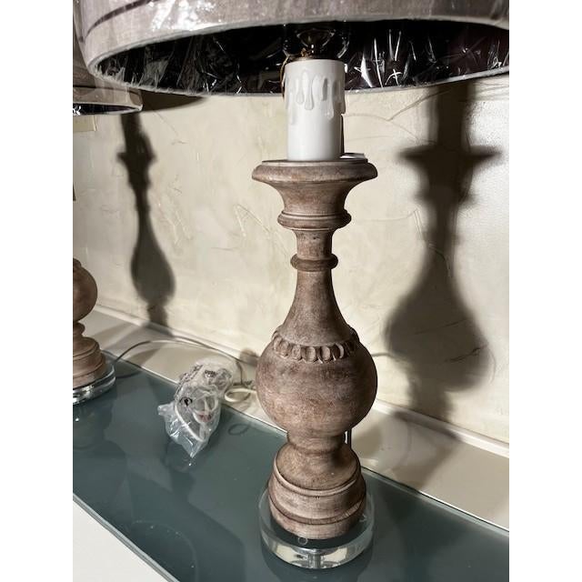 2 Aiden Gray Wood Carved, Faux Candle Neck, Acrylic Base and Finial, Natural Linen Shade with Chocolate Brown Trim and...