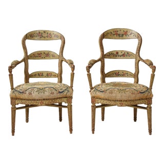 Pair of Continental Painted Armchairs With Needlework Seats For Sale