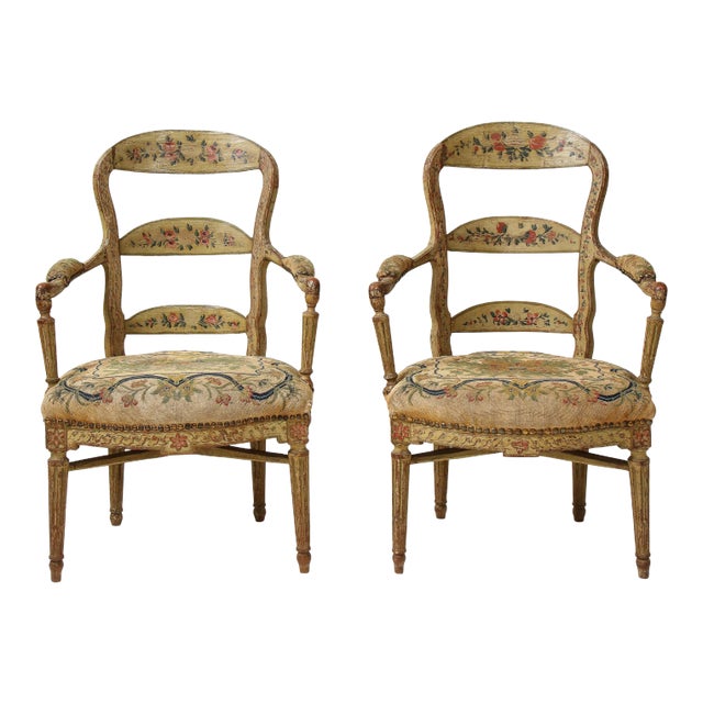 Pair of Continental Painted Armchairs With Needlework Seats For Sale