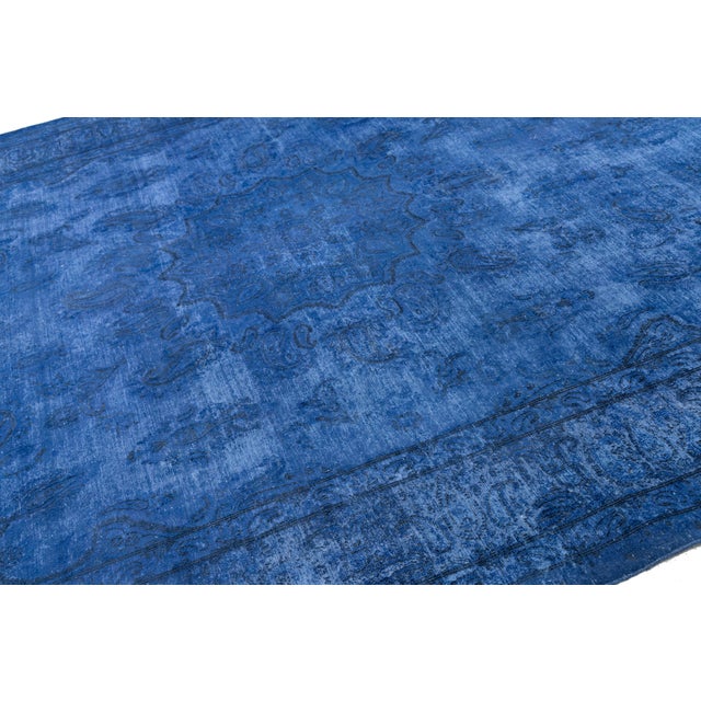 10x13 Vintage Overdyed Persian Wool Rug - Electric Blue Medallion Hand-Knotted For Sale - Image 4 of 10