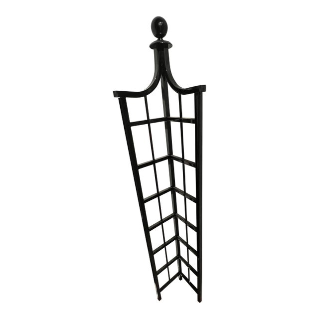 Black Lacquer Corner Trellis With Finial | Faux Regency Garden Support | Tall Decorative Plant Climber For Sale
