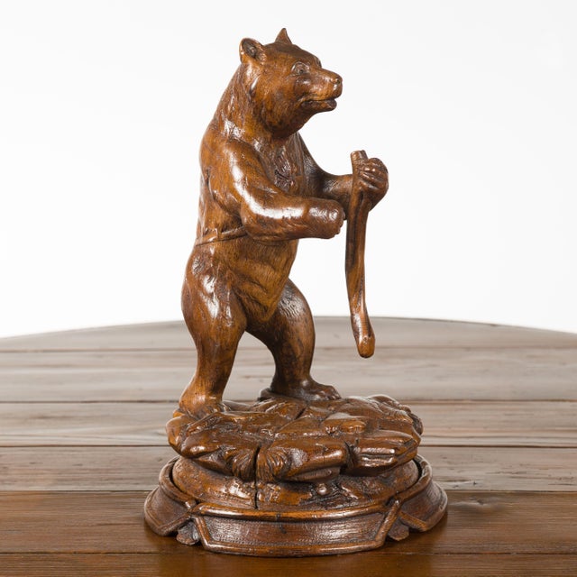 Black Forest 1890s Carved Wooden Bear Standing on a Circular Base For Sale - Image 9 of 11