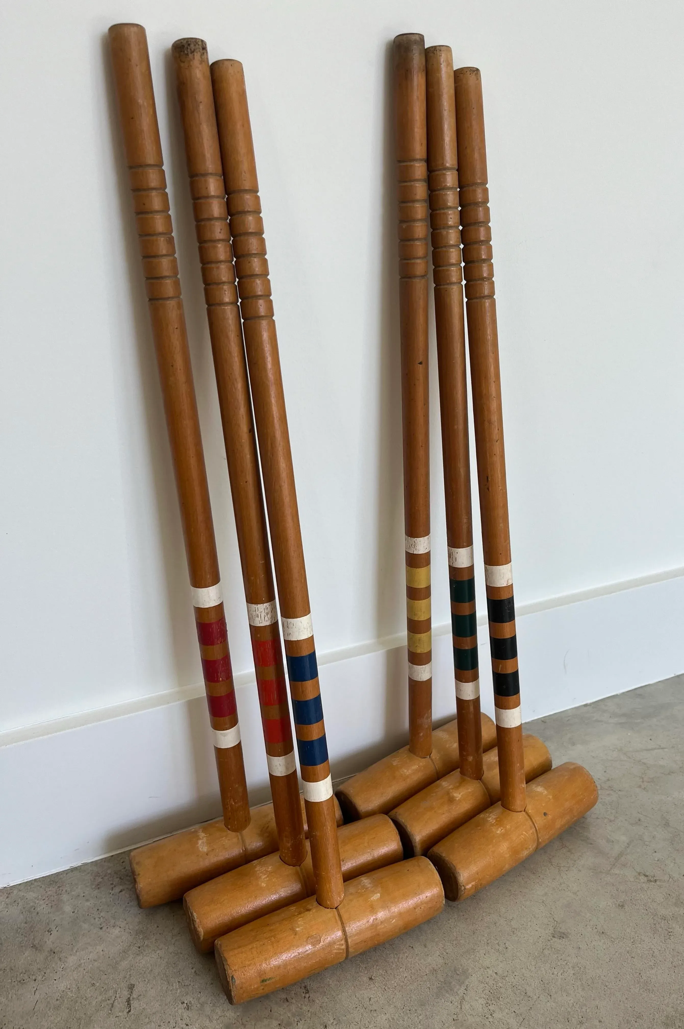 1970s Painted Band Wood Croquet Mallets-Set of 6 | Chairish