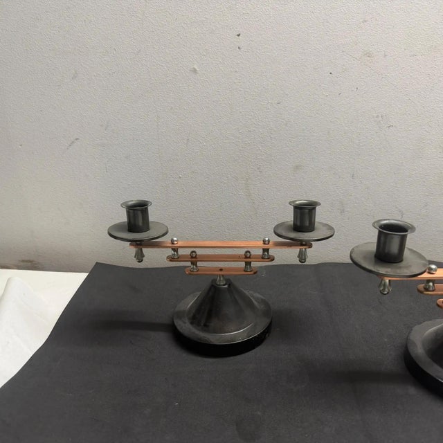 1930s Set of Two Art Deco Silver Plated and Copper Two Lights French Candelabras For Sale - Image 9 of 13