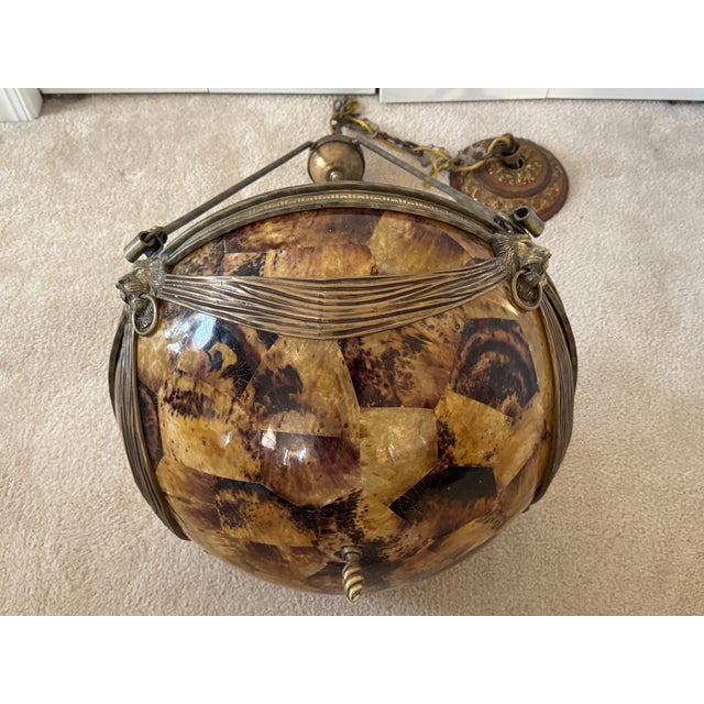 Vintage 1950s Neoclassical Gilded Brass Lion Heads Alabaster Pendant Chandelier For Sale - Image 13 of 18