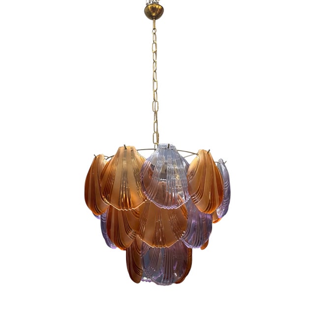 Murano Amber and Lavender Glass Shell Chandelier, Italy 1980s For Sale