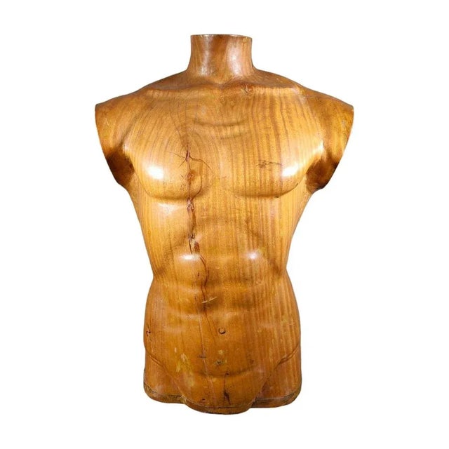 Step into the sophistication of 1950s French artistry with this elegant wooden male torso. Sculpted from solid wood, this...