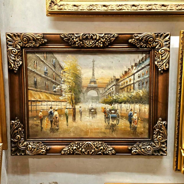Beautiful wall art on premium cotton fabric, hand-painted featuring a lively Parisian street scene with the Eiffel Tower...