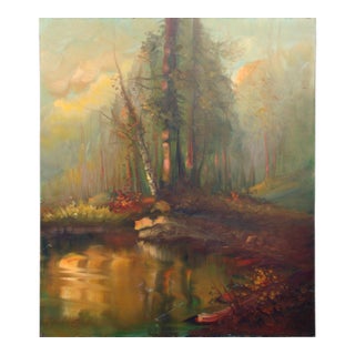 Mid 20th Century Forest and Pond at Sunset Landscape Painting by Charles Grove For Sale
