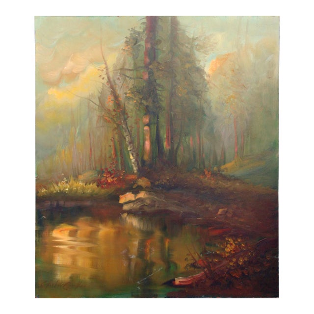 Mid 20th Century Forest and Pond at Sunset Landscape Painting by Charles Grove For Sale