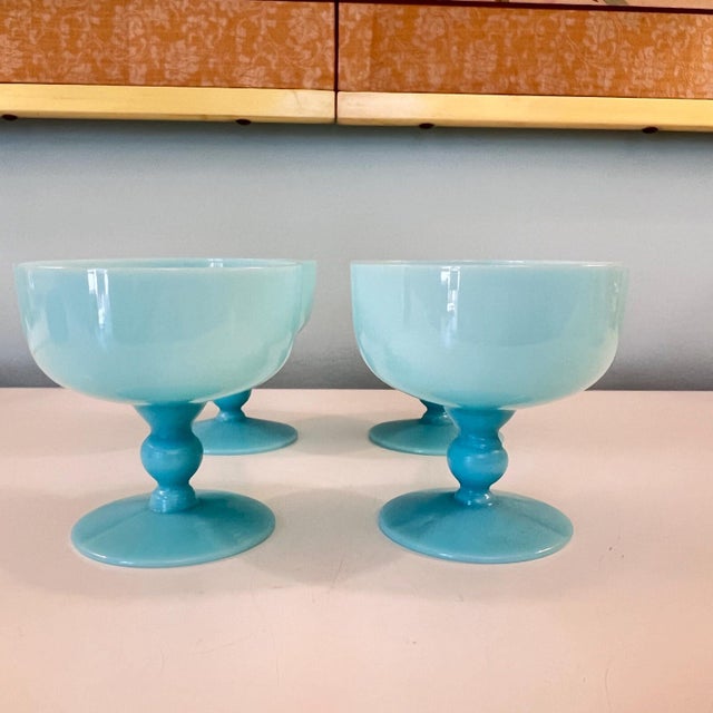 American 1930s Pretty set of 4 Morgantown Americana Turquoise blue opaline coupes // demi crystal // sherbet / champagne glasses // blue glasses For Sale - Image 3 of 4