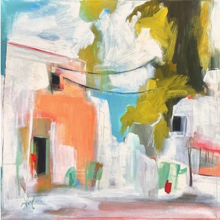 Promenade by Leigh Ann Van Fossan | Acrylic Painting of a colorful street scene with buildings For Sale
