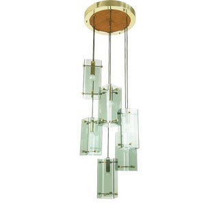 Italian Teak Pendant Lamp in Gilt Aluminum and Smoked Glass, 1960s For Sale