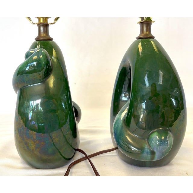 Ceramic Mid Century Modern Royal Haeger Style Green-Blue Drip Glaze Ceramic Lamps- A Pair For Sale - Image 7 of 12