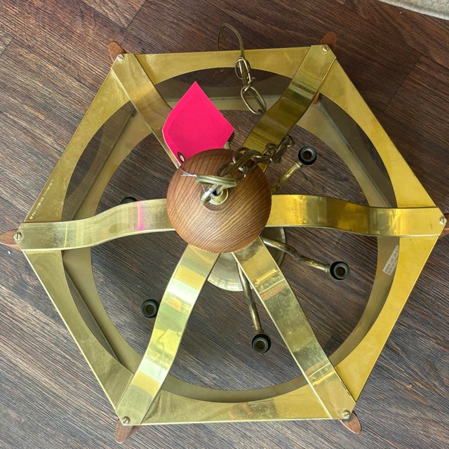 Mid-Century Modern Vintage Fredrick Ramond Brass Chandelier With Oak Accents Circa 1984 For Sale In Los Angeles - Image 6 of 8