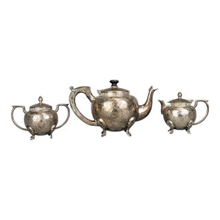 Antique Victorian Silver Plated Tea Set of 3 - Teapot Creamer and Sugar Bowl With Lid For Sale
