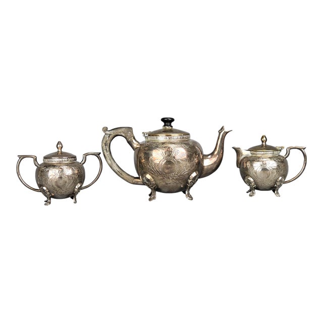 Antique Victorian Silver Plated Tea Set of 3 - Teapot Creamer and Sugar Bowl With Lid For Sale