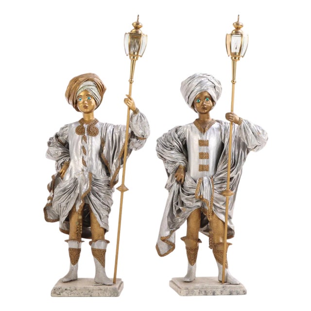 Late 20th Century. Theatrical Papier-Mâché Figural Lamp Bearers, Continental - a Pair For Sale