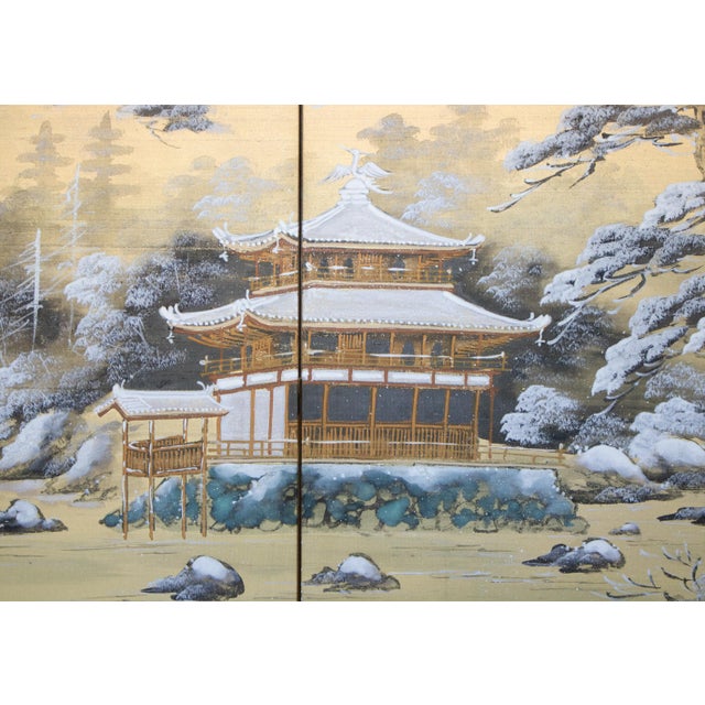 1960s 1960s "Winter Landscape With Temple", Showa Era Japanese Silk Byobu Screen For Sale - Image 5 of 18