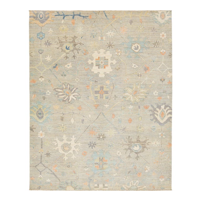 8 X 10 Beige Modern Oushak Style Wool Rug With Soft Botanical Motifs For Sale