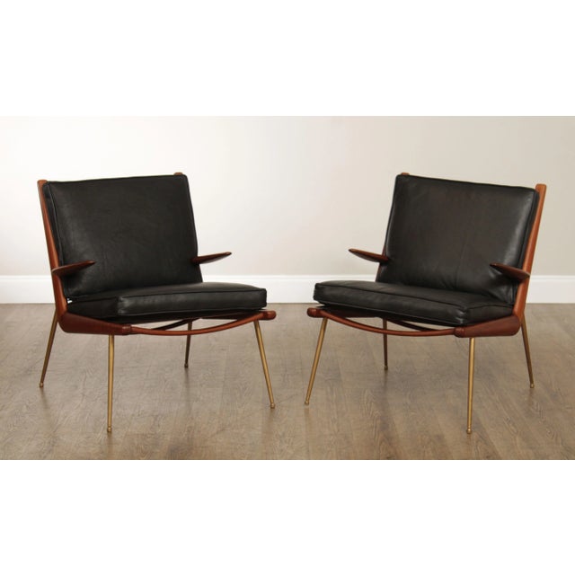 High Quality Vintage Scandinavian Pair of Teak Frame Armchairs with Custom Black Leather Upholstered Cushions