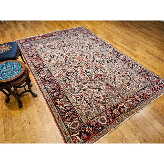 Vintage Heriz Serapi Rug, Hand-Knotted Wool, Allover Geometric Pattern, Ivory & Red, 7x10 For Sale - Image 12 of 18
