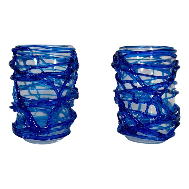 Italian Art Deco Style Cobalt Blue Murano Glass Vases by Cenedese, 2000s, Set of 2 For Sale