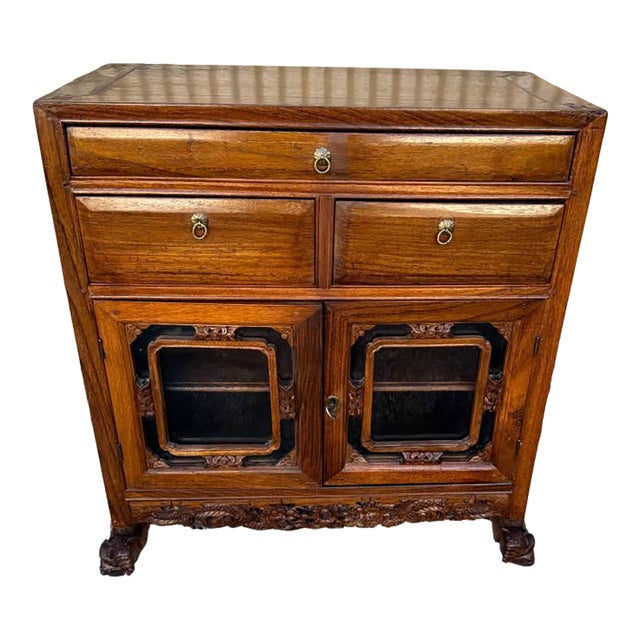 Vintage Chinoiserie Style Carved Teak Wood Display Side Cabinet For Sale