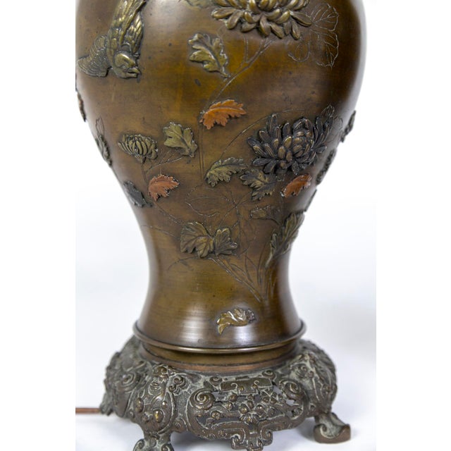 Late 19th Century Meiji Japanese Cast Bronze Relief Chrysanthemum & Birds Lamps - a Pair For Sale - Image 10 of 13