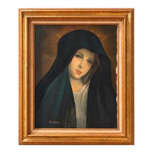 Vintage Madonna Portrait After Sassoferrato, Oil on Canvas in Mid-Century Wood Frame