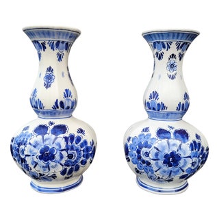 20th-Century Blue Delftware Knobbel Vases from Delft, Holland, 1920s, Set of 2 For Sale