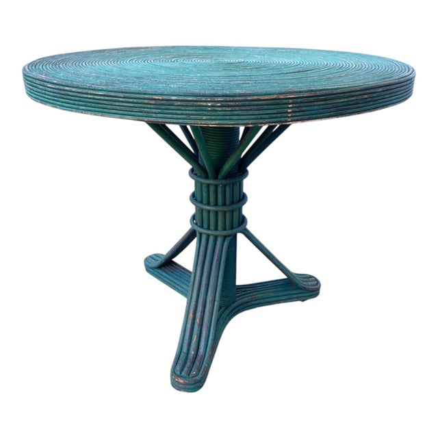 Mid 20th Century Vintage Mid Century Rattan Wicker Table With Spiral Pattern Table Top, & Glass Top & Tri-Pod Pedestal Base For Sale - Image 5 of 5