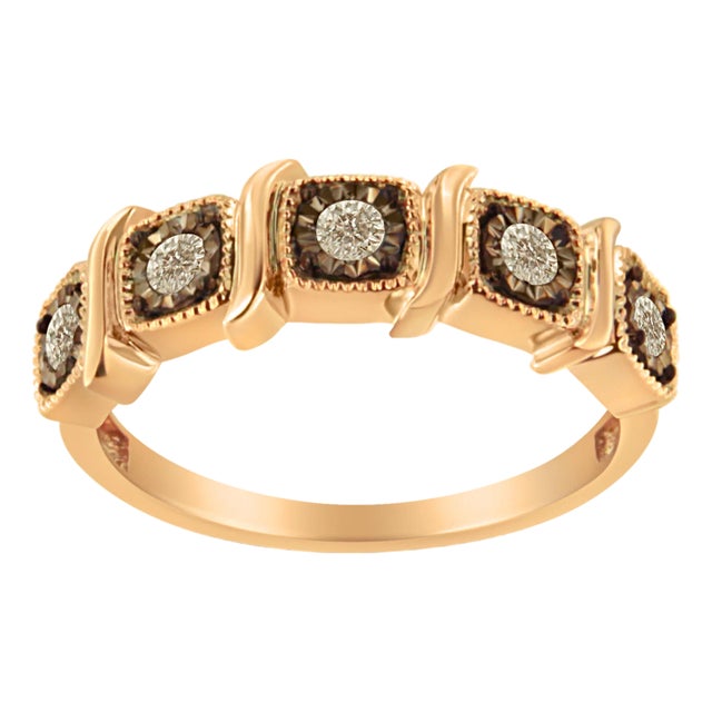 10K Rose Gold Flashed .925 Sterling Silver Miracle-Set Diamond 5-Stone Band Ring, Size 7 For Sale