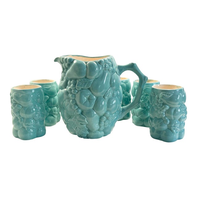 Vintage MCM Ceramic Serving Pitcher and Drinks Glasses, Celadon Fruit Relief Pattern For Sale
