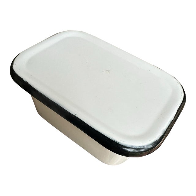 Vintage Enamel 2piece Refrigerator Dish White and Black Farm House For Sale
