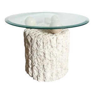 Postmodern Tessellated Stone Circular Beveled Glass Top Side Table