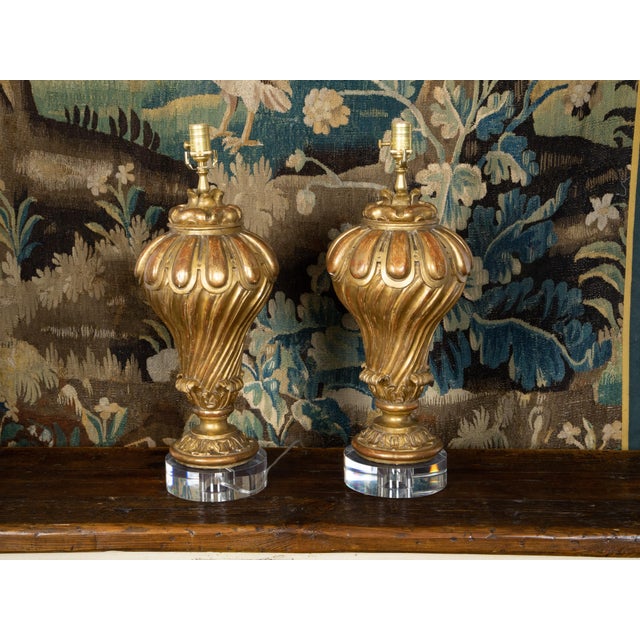 19th Century Italian Carved Giltwood Fragments Made into Lamps on Lucite - a Pair For Sale In Atlanta - Image 6 of 10