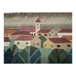 Vintage Polish Handwoven Wool Tapestry or Kilim Made in Bobowa, Poland