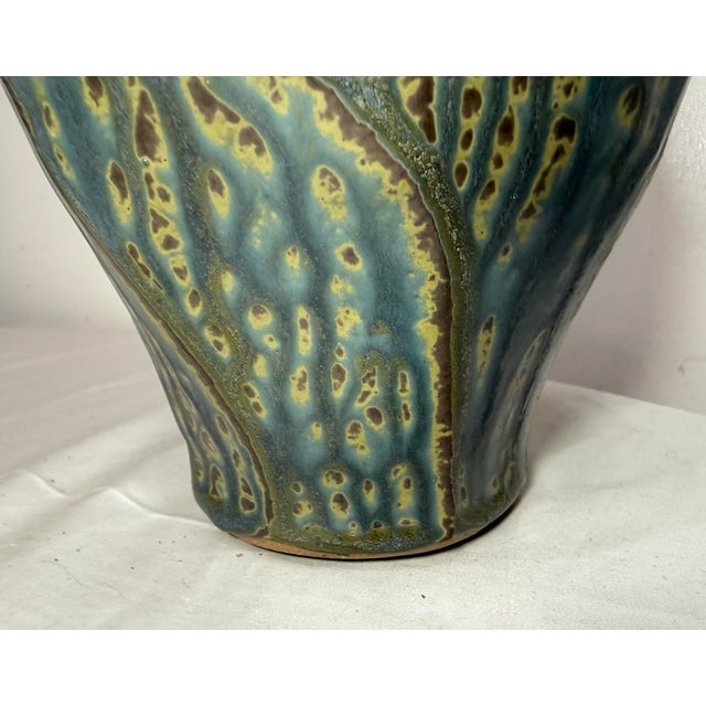 Tall Vintage Signed Handmade American Pottery Green Glaze Signed Vase Sculpture For Sale - Image 9 of 10