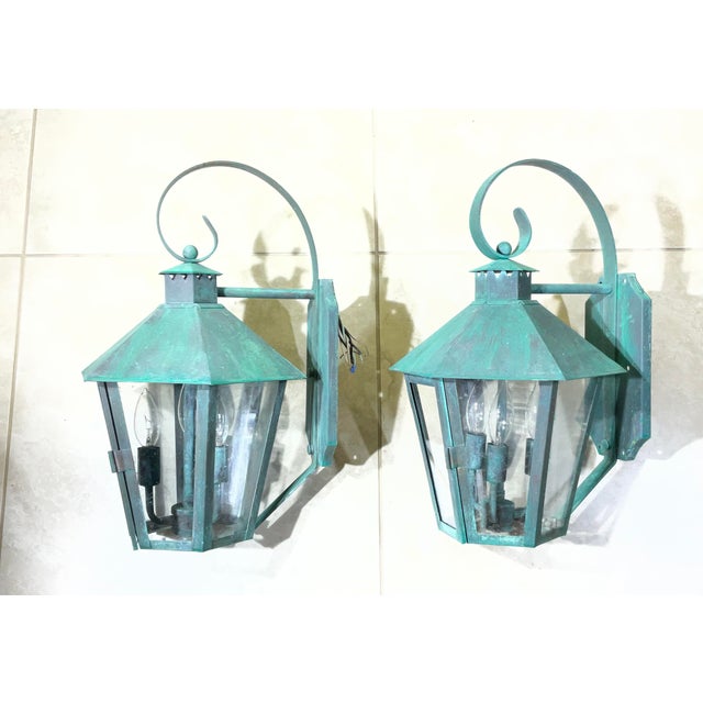 Vintage Solid Copper & Brass Outdoor Lantern Sconces / 18”h X 11”w X 12”d For Sale - Image 15 of 18